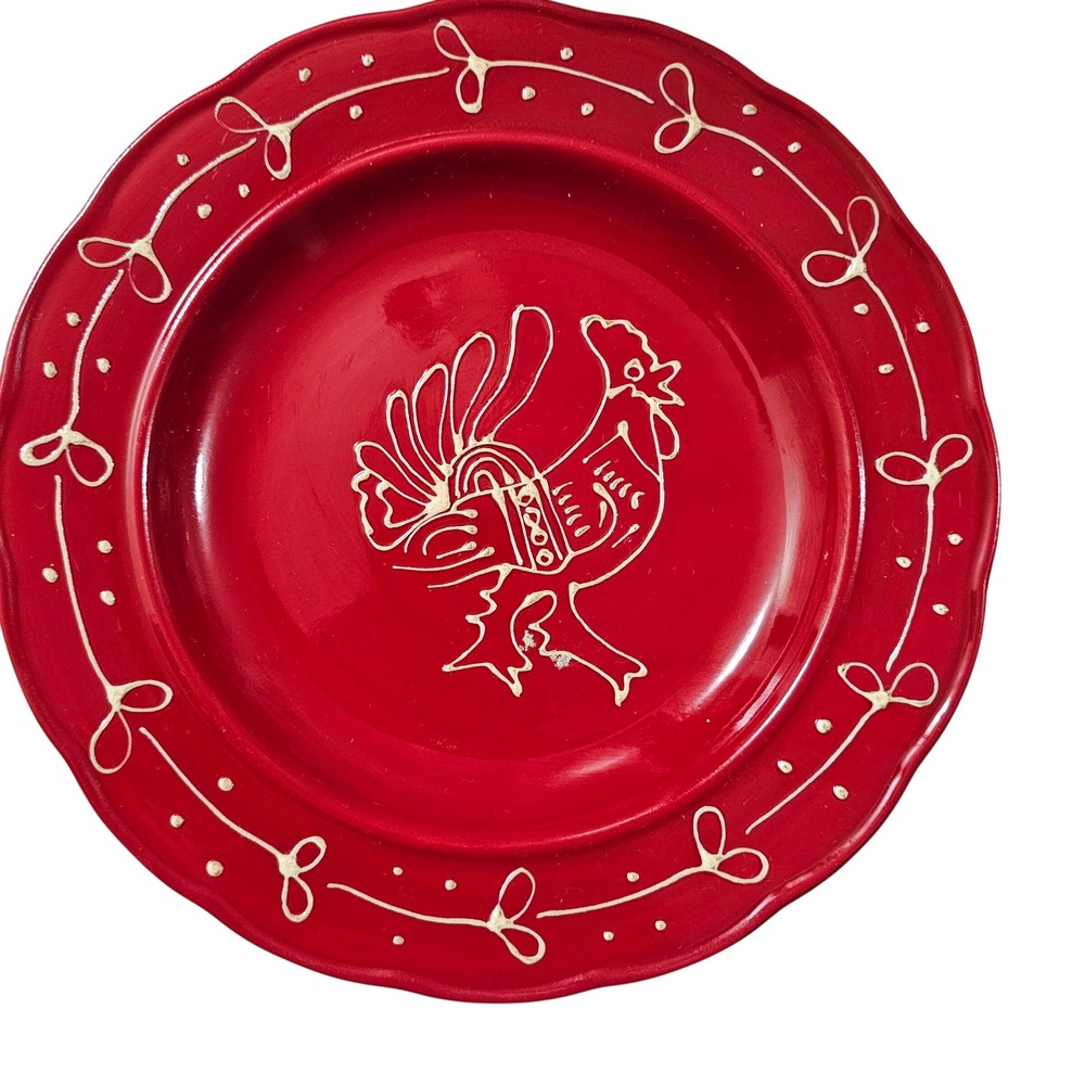 Red Pottery Rooster Plates Rustic Farmhouse Cottagecore‎ Retro Style 8.5" Folk